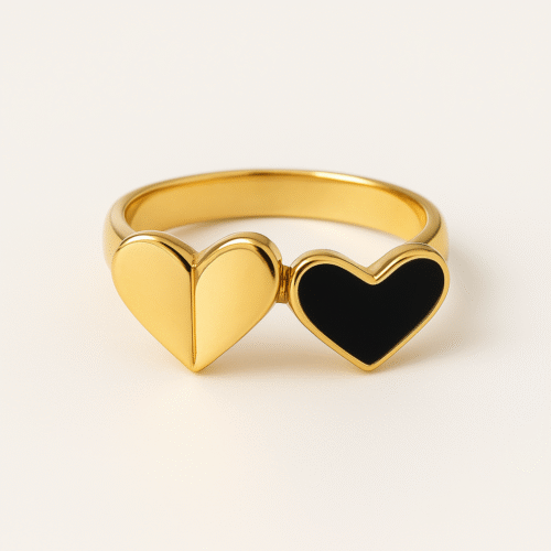 Dual Heart Enamel Ring in Gold & Black
