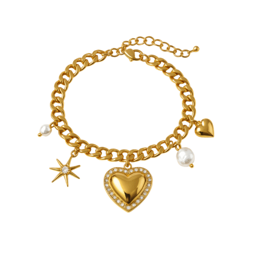 Gold Charm Bracelet with Heart & Pearl