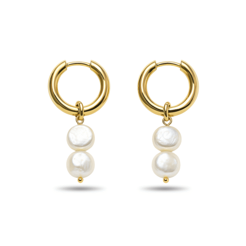 Gold Hoop Earrings with Double Pearl Drops