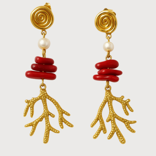 Red Coral & Pearl Drop Earrings