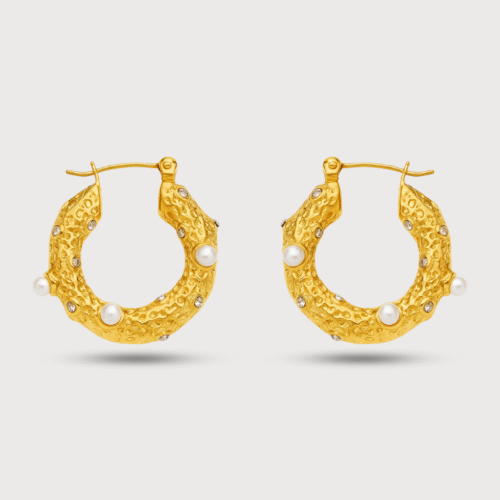 Hammered Gold & Pearl Hoops