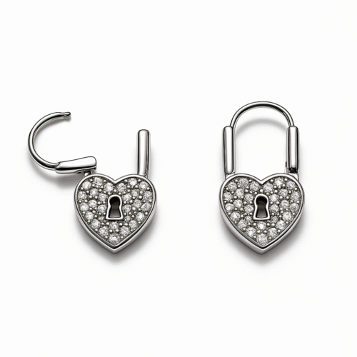 Silver Sparkle Heart Lock Earrings